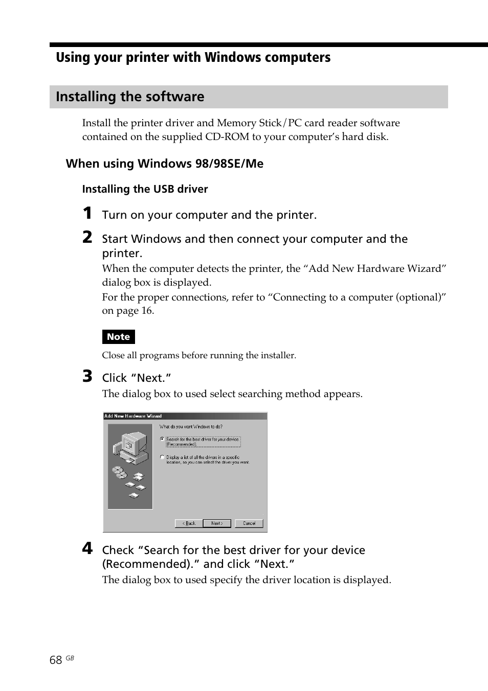 Installing the software, Windows | Sony DPP--SV77  EN User Manual | Page 68 / 92