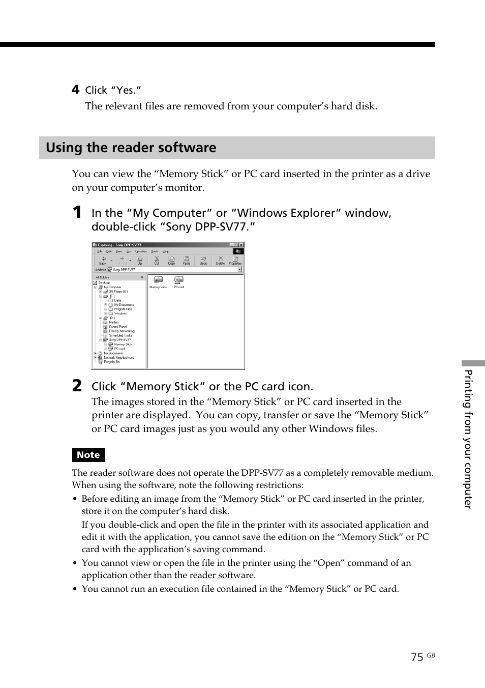 Using the reader software, Reader software | Sony DPP--SV77  EN User Manual | Page 75 / 92