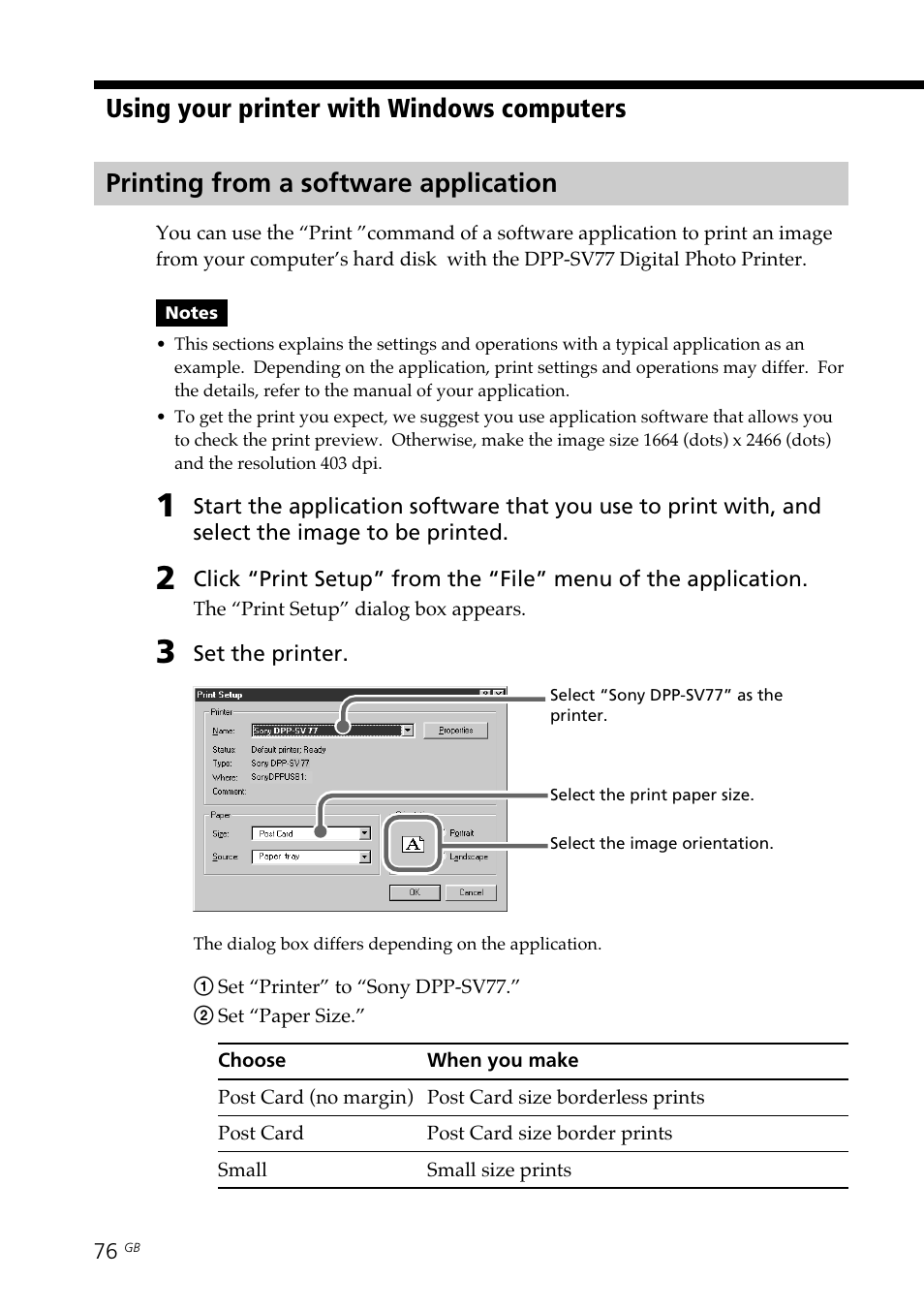 Printing from a software application, From a windows comptuer | Sony DPP--SV77  EN User Manual | Page 76 / 92