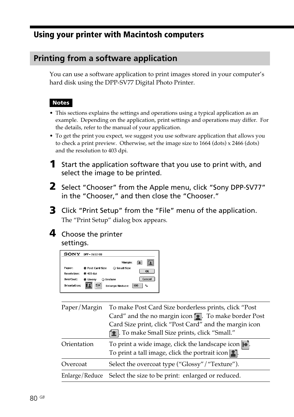 Printing from a software application, From a macintosh computer | Sony DPP--SV77  EN User Manual | Page 80 / 92