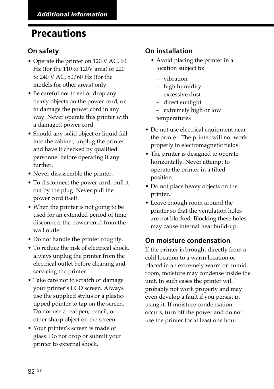 Additional information, Precautions, Moisture condensation | Sony DPP--SV77  EN User Manual | Page 82 / 92