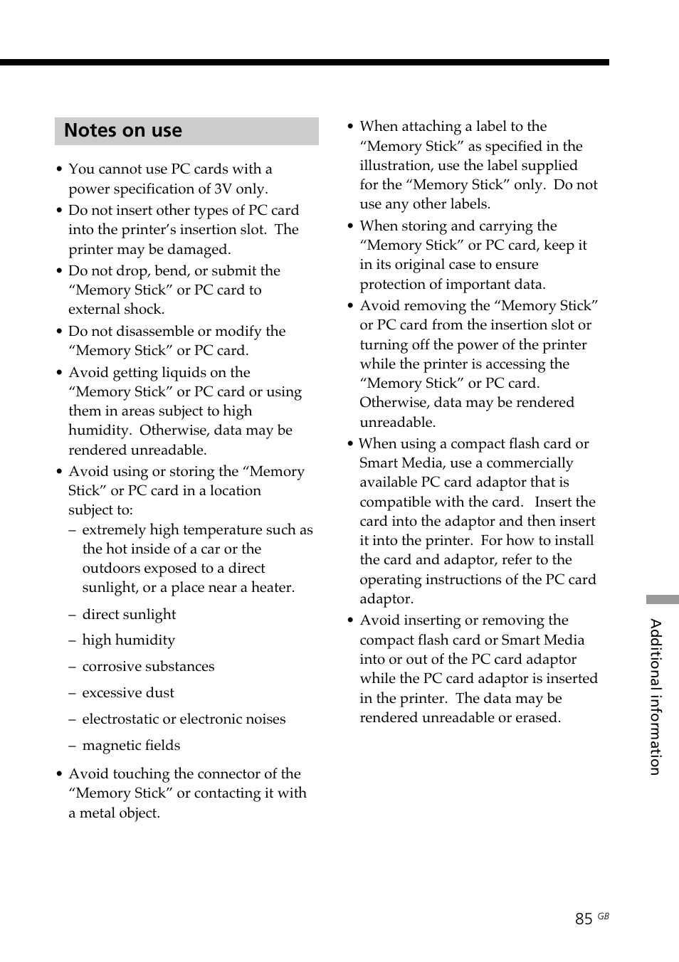 Notes on use, Note on use | Sony DPP--SV77  EN User Manual | Page 85 / 92