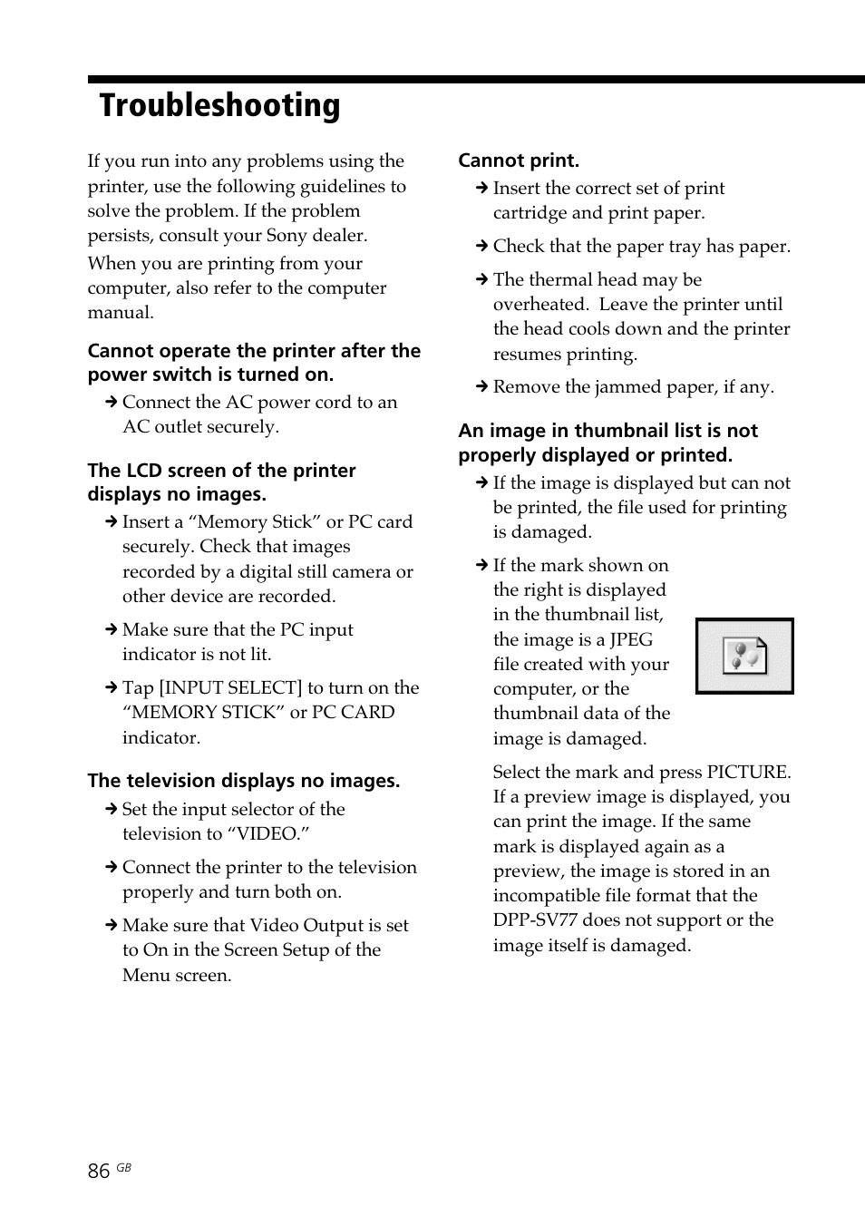 Troubleshooting, Thumbnails | Sony DPP--SV77  EN User Manual | Page 86 / 92
