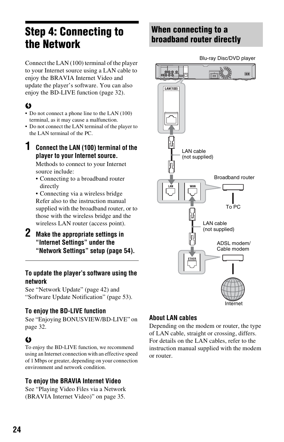 Step 4: connecting to the network, When connecting to a broadband router directly | Sony BLU-RAY DISC BDP-N460 User Manual | Page 24 / 71