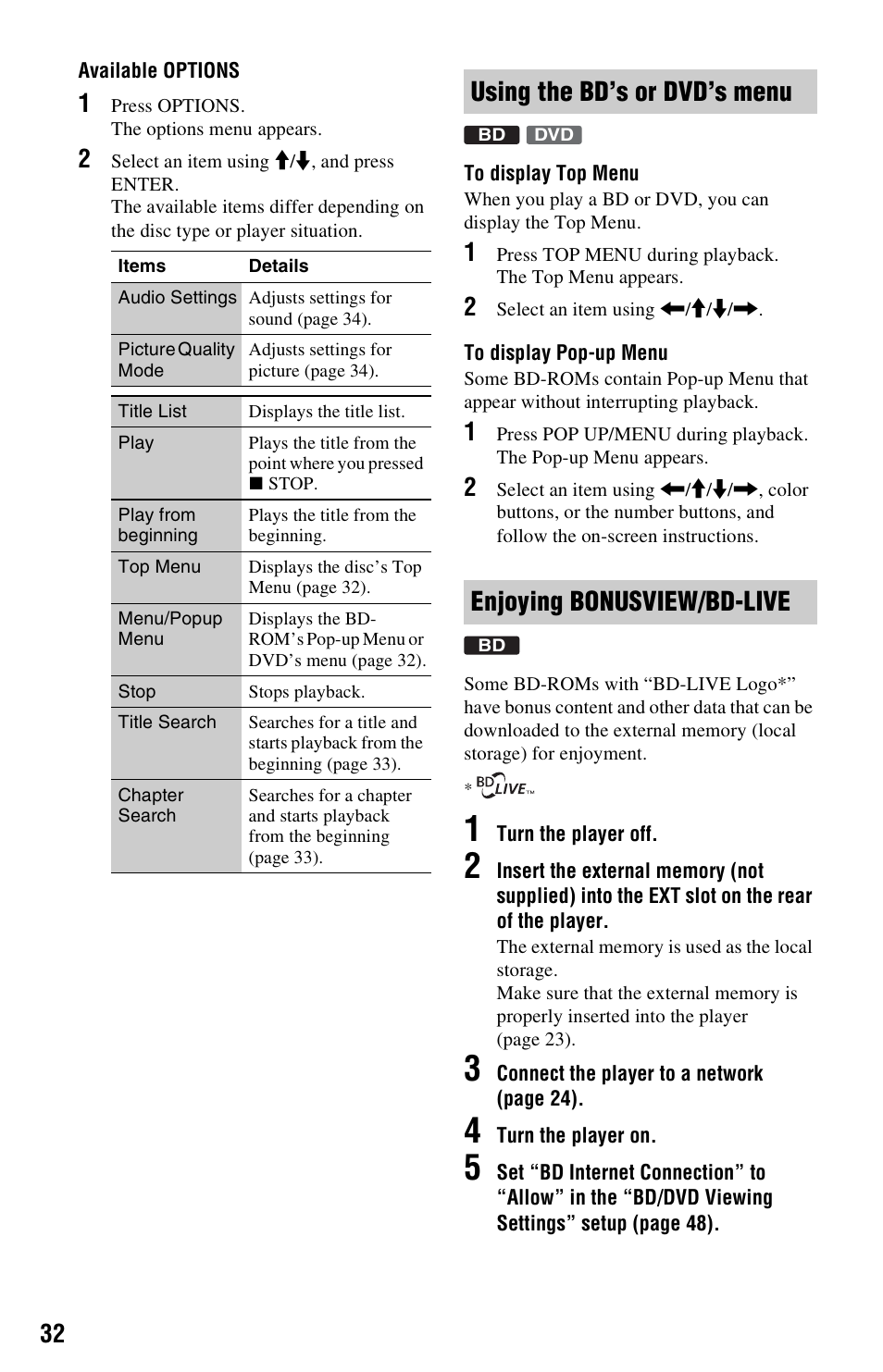 Using the bd’s or dvd’s menu, Enjoying bonusview/bd-live | Sony BLU-RAY DISC BDP-N460 User Manual | Page 32 / 71