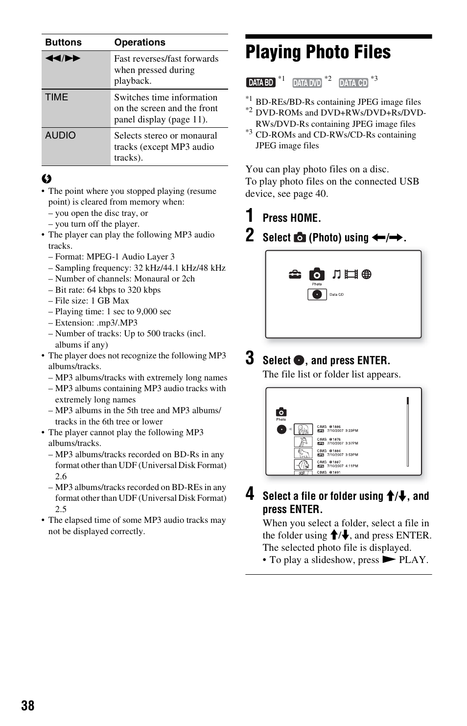 Playing photo files | Sony BLU-RAY DISC BDP-N460 User Manual | Page 38 / 71