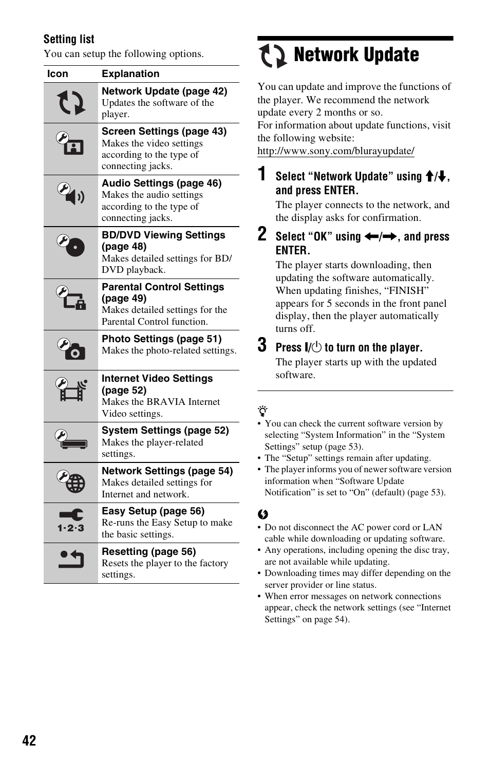 Network update | Sony BLU-RAY DISC BDP-N460 User Manual | Page 42 / 71