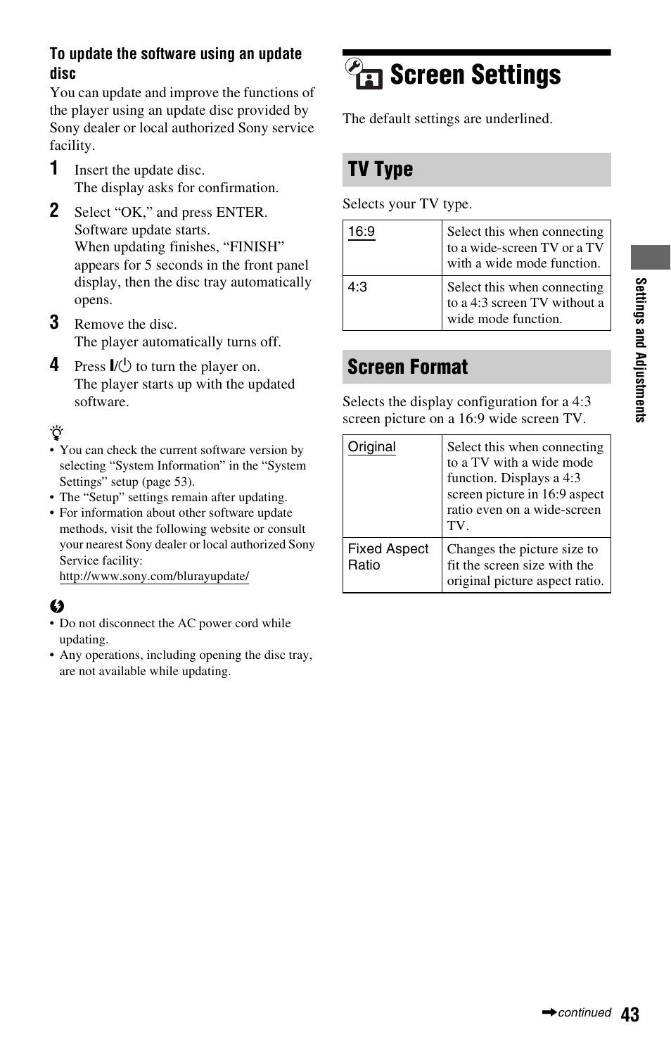 Screen settings, Tv type, Screen format | Sony BLU-RAY DISC BDP-N460 User Manual | Page 43 / 71