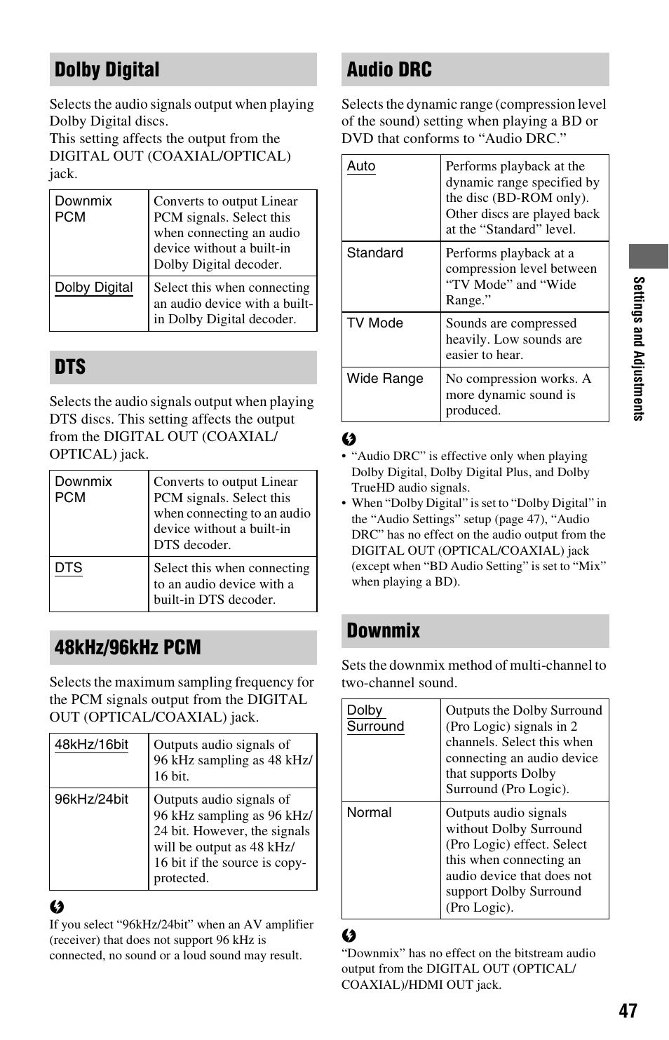 Dolby digital, 48khz/96khz pcm, Audio drc | Downmix | Sony BLU-RAY DISC BDP-N460 User Manual | Page 47 / 71