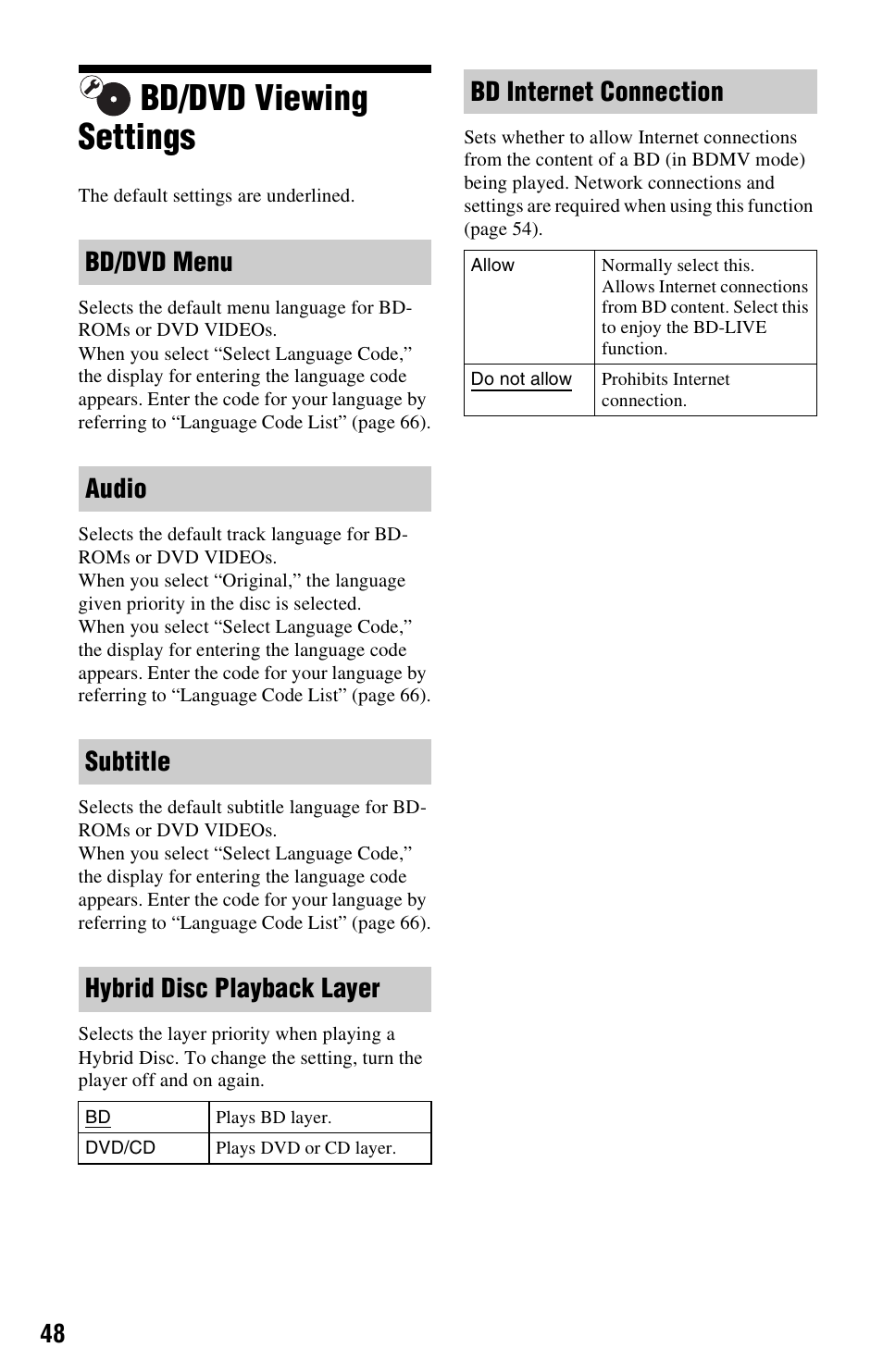 Bd/dvd viewing settings, Bd internet connection | Sony BLU-RAY DISC BDP-N460 User Manual | Page 48 / 71