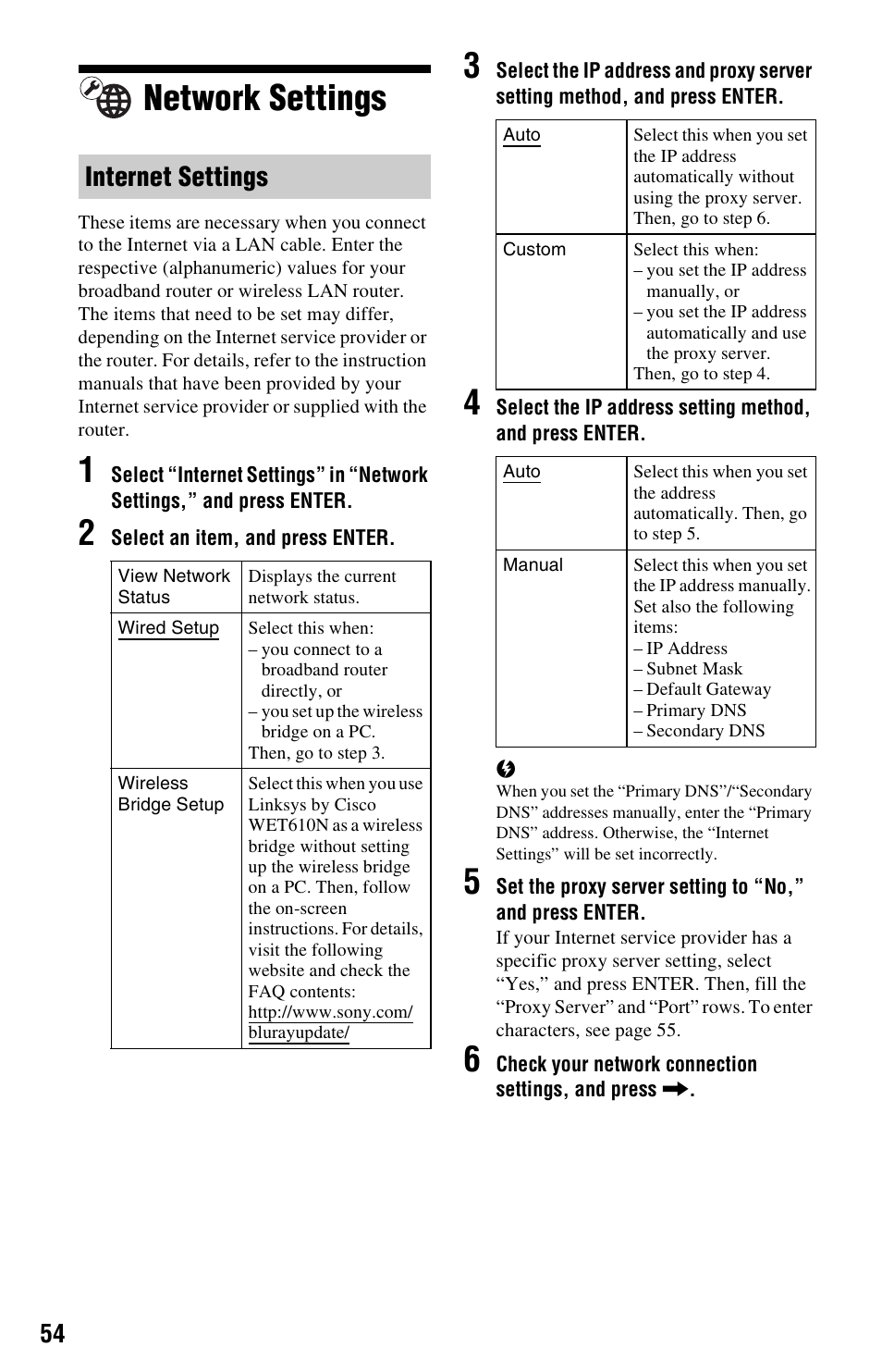 Network settings, Internet settings | Sony BLU-RAY DISC BDP-N460 User Manual | Page 54 / 71