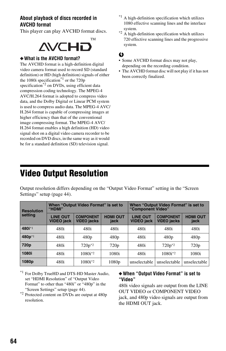 Video output resolution, About playback of discs recorded in avchd format | Sony BLU-RAY DISC BDP-N460 User Manual | Page 64 / 71