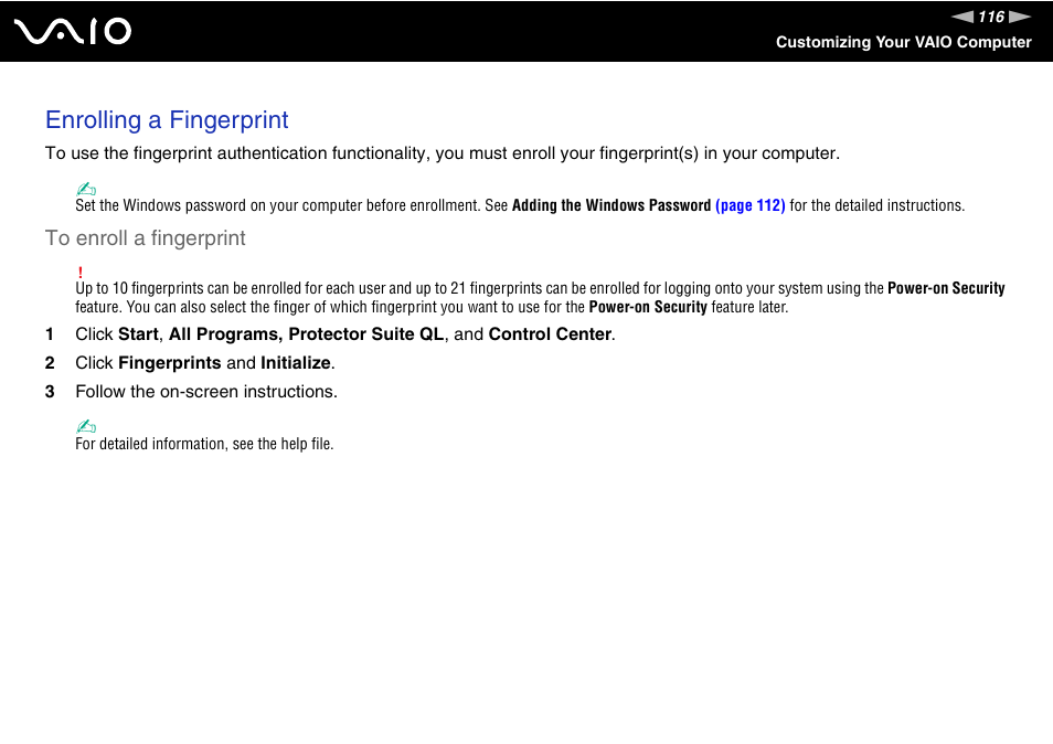 Enrolling a fingerprint | Sony VAIO V G N - B Z 5 6 0 User Manual | Page 116 / 228