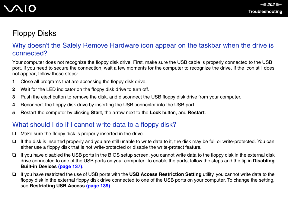 Floppy disks | Sony VAIO V G N - B Z 5 6 0 User Manual | Page 202 / 228