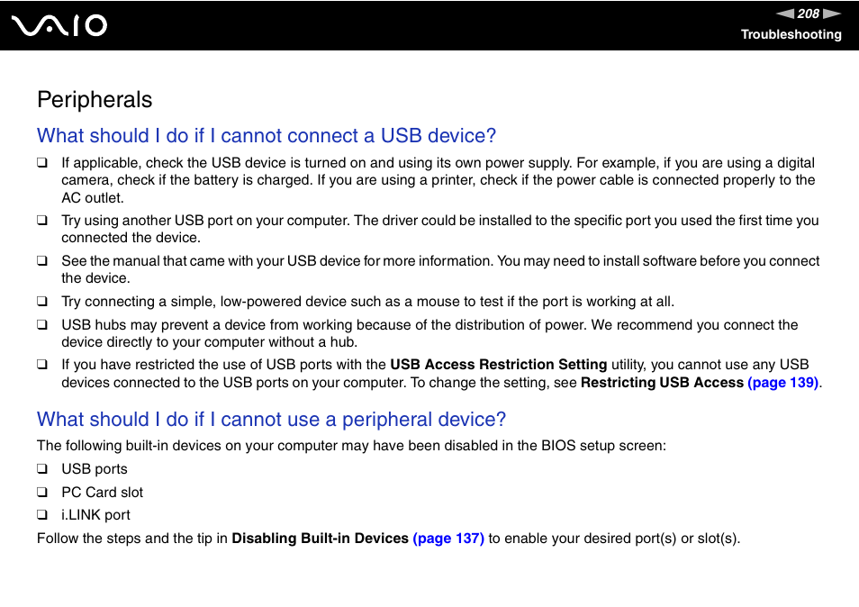 Peripherals, What should i do if i cannot connect a usb device | Sony VAIO V G N - B Z 5 6 0 User Manual | Page 208 / 228