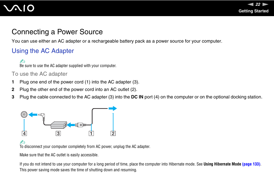 Connecting a power source, Using the ac adapter | Sony VAIO V G N - B Z 5 6 0 User Manual | Page 22 / 228