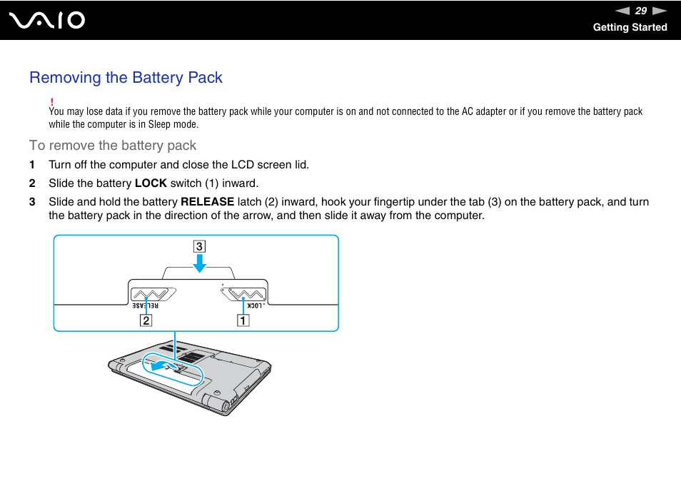 Removing the battery pack | Sony VAIO V G N - B Z 5 6 0 User Manual | Page 29 / 228