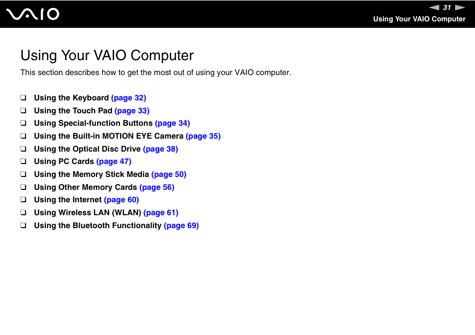 Using your vaio computer | Sony VAIO V G N - B Z 5 6 0 User Manual | Page 31 / 228