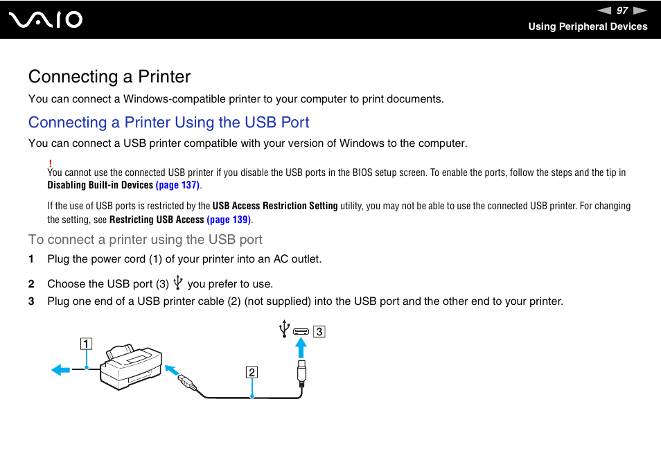 Connecting a printer, Connecting a printer using the usb port | Sony VAIO V G N - B Z 5 6 0 User Manual | Page 97 / 228