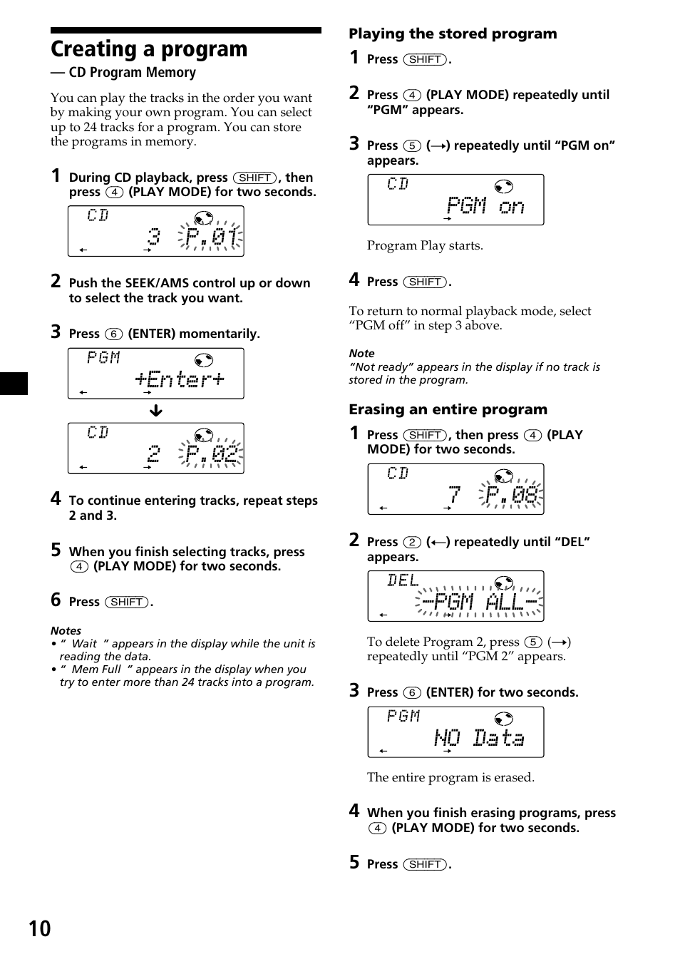 Creating a program — cd program memory, Creating a program, Cd program memory | Sony CDX-C7850 User Manual | Page 10 / 36