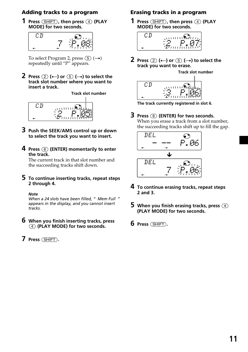 Adding tracks to a program, Erasing tracks in a program | Sony CDX-C7850 User Manual | Page 11 / 36