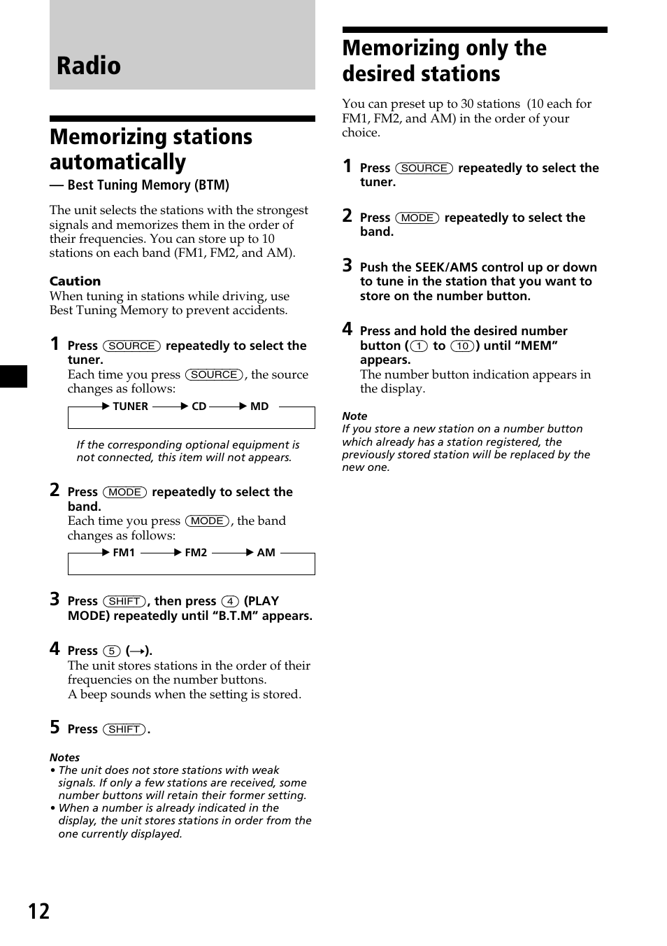 Radio, Memorizing only the desired stations, Memorizing stations automatically | Best tuning memory (btm) | Sony CDX-C7850 User Manual | Page 12 / 36