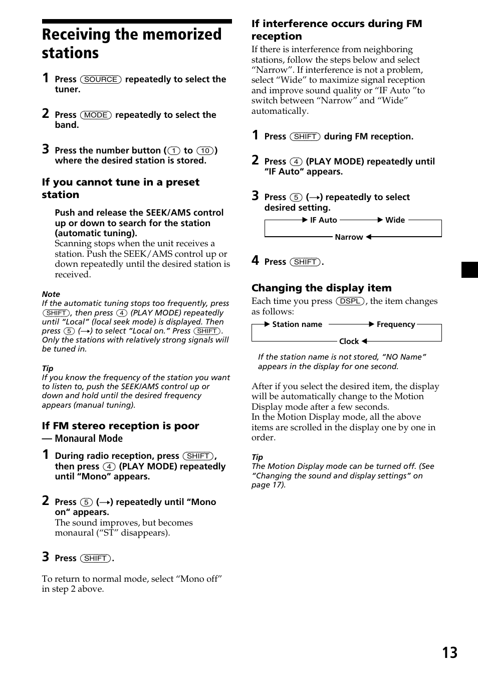 Receiving the memorized stations | Sony CDX-C7850 User Manual | Page 13 / 36