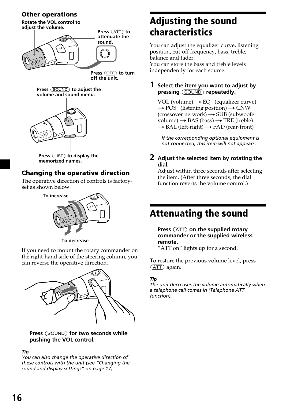 Adjusting the sound characteristics, Attenuating the sound | Sony CDX-C7850 User Manual | Page 16 / 36