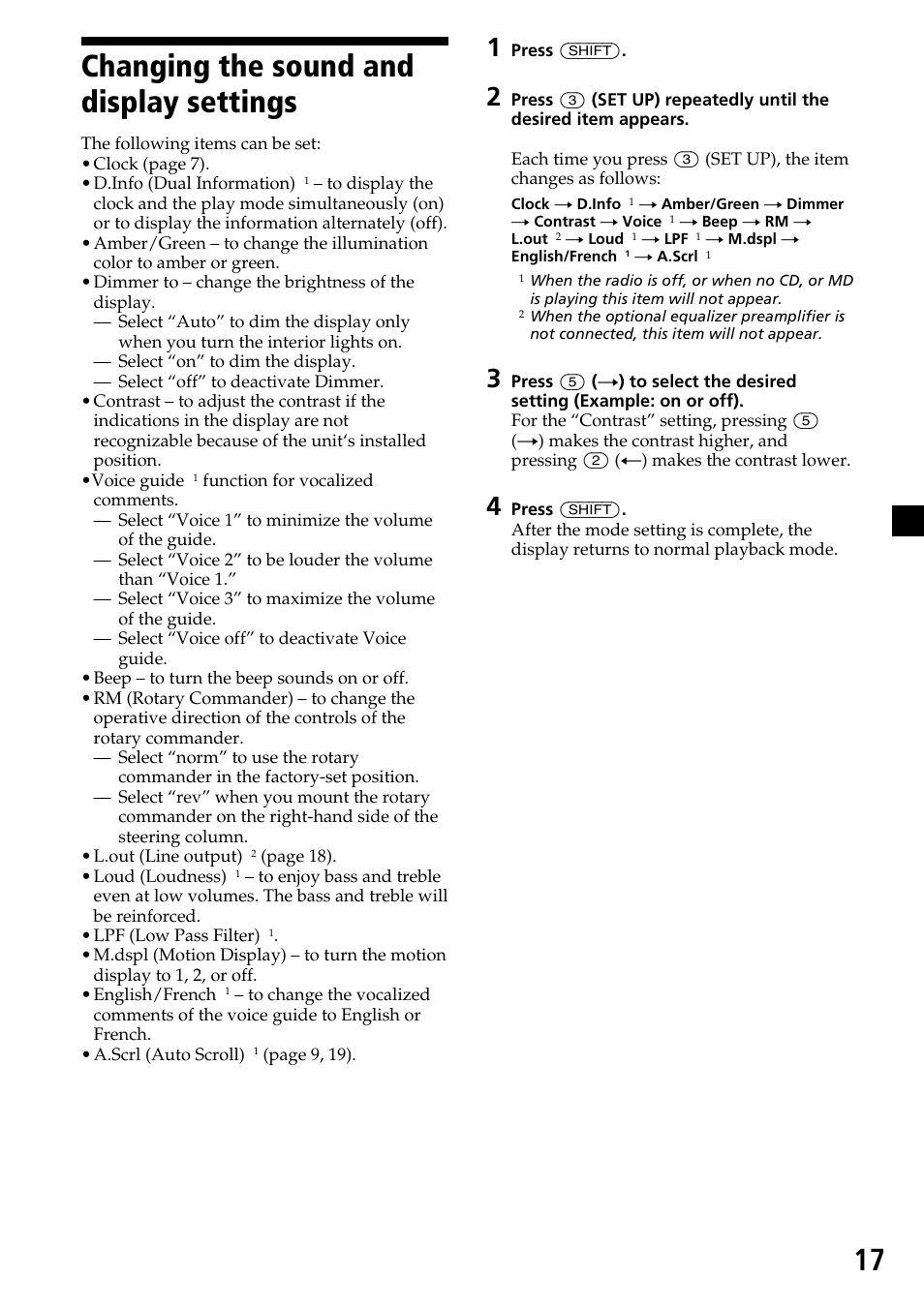 Changing the sound and display settings | Sony CDX-C7850 User Manual | Page 17 / 36