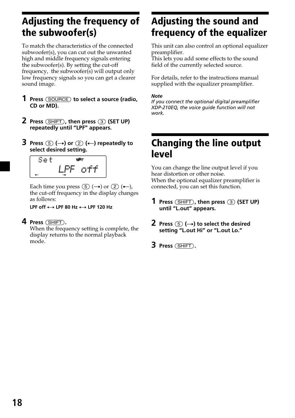 Adjusting the frequency of the subwoofer(s), Adjusting the sound and frequency of the equalizer, Changing the line output level | Equalizer, 18 adjusting the frequency of the subwoofer(s) | Sony CDX-C7850 User Manual | Page 18 / 36