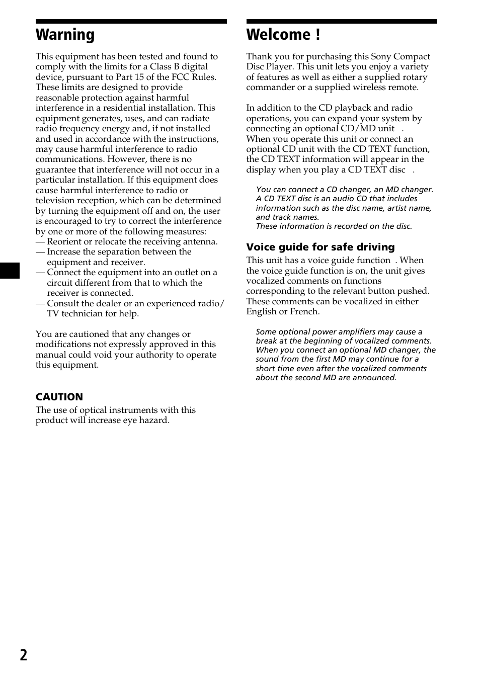 2welcome, Warning | Sony CDX-C7850 User Manual | Page 2 / 36