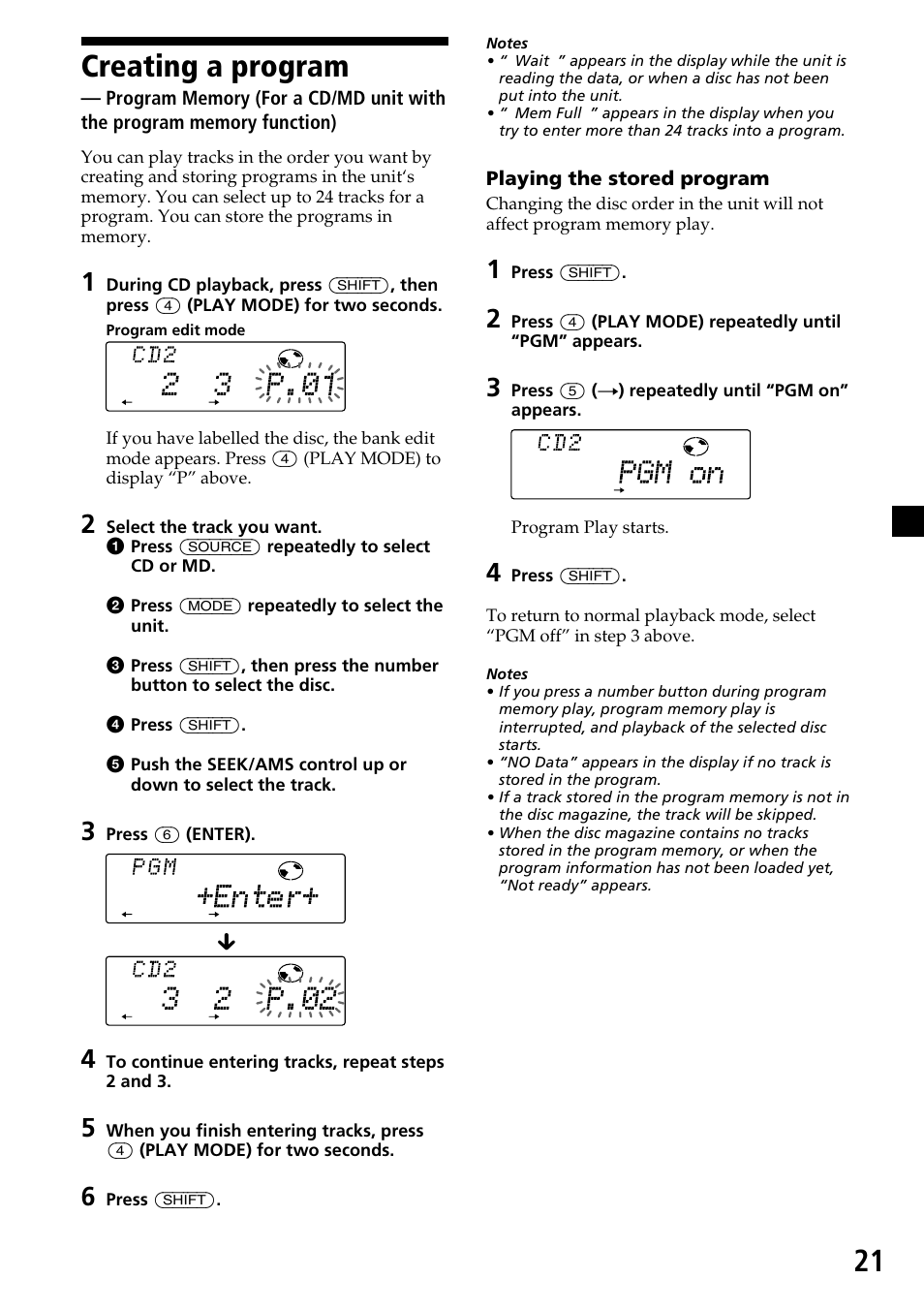 Creating a program — program memory, Creating a program, Program memory | 21 creating a program | Sony CDX-C7850 User Manual | Page 21 / 36