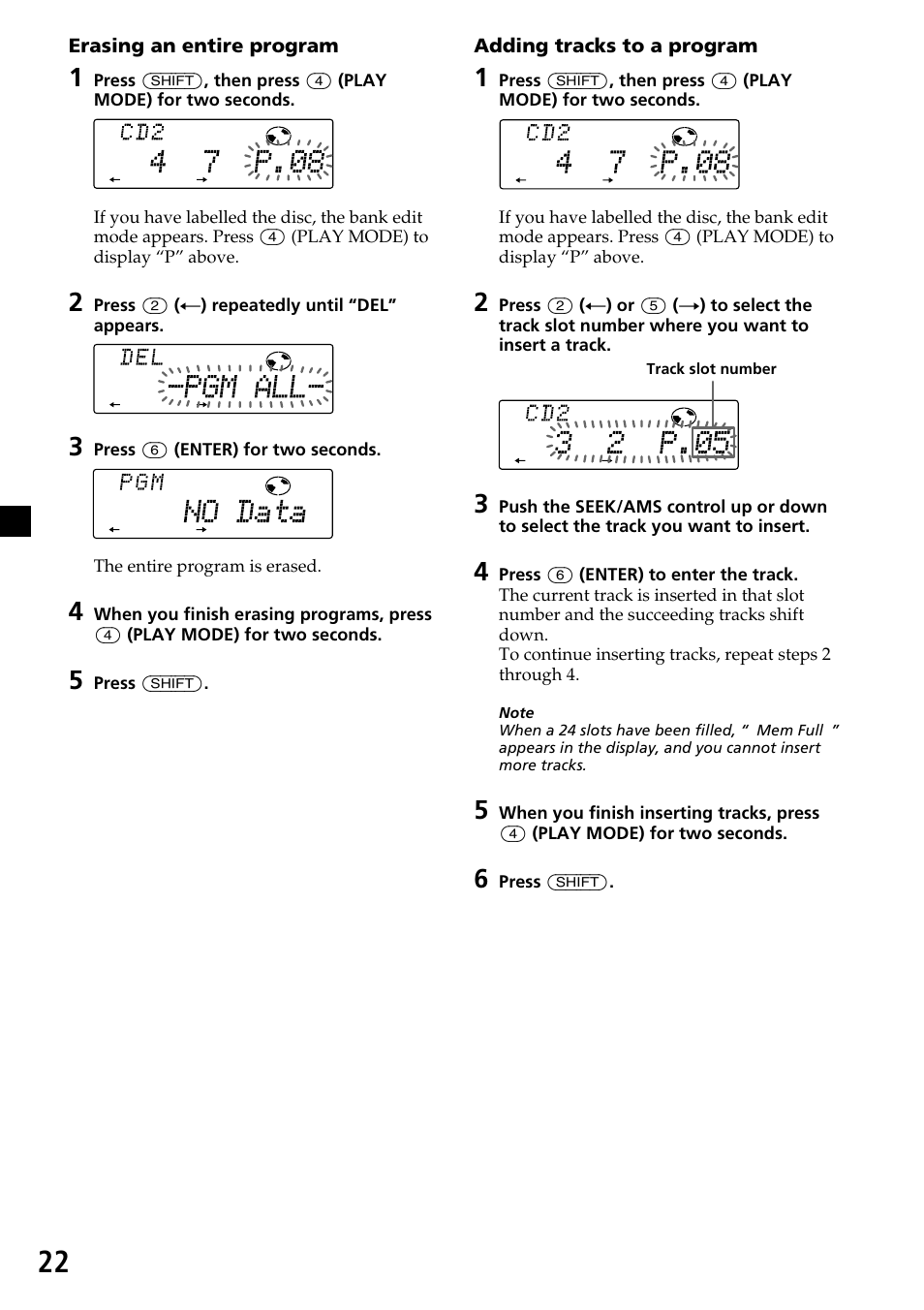 Adding tracks to a program, Erasing an entire program | Sony CDX-C7850 User Manual | Page 22 / 36