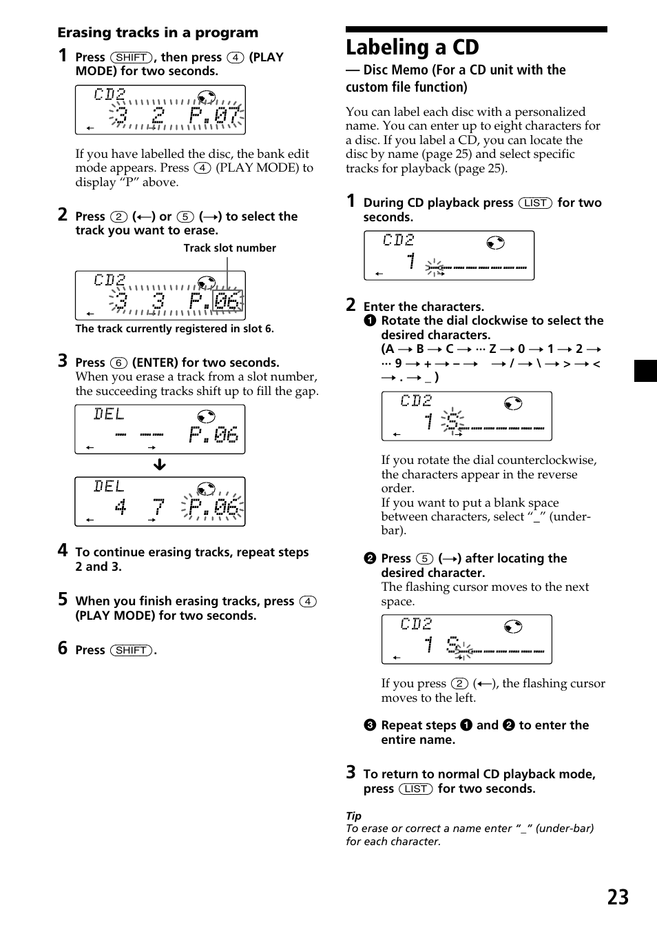 Labeling a cd — disc memo, Labeling a cd, Disc memo | Erasing tracks in a program | Sony CDX-C7850 User Manual | Page 23 / 36