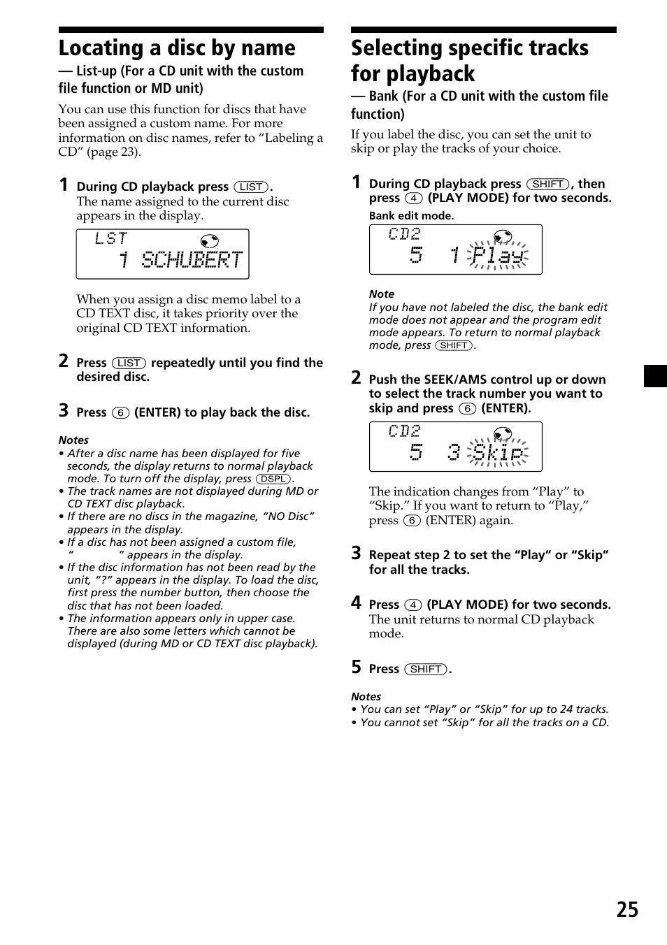 Locating a disc by name — list-up, Selecting specific tracks for playback — bank, Locating a disc by name | List-up, Selecting specific tracks for playback, Bank, 25 locating a disc by name | Sony CDX-C7850 User Manual | Page 25 / 36