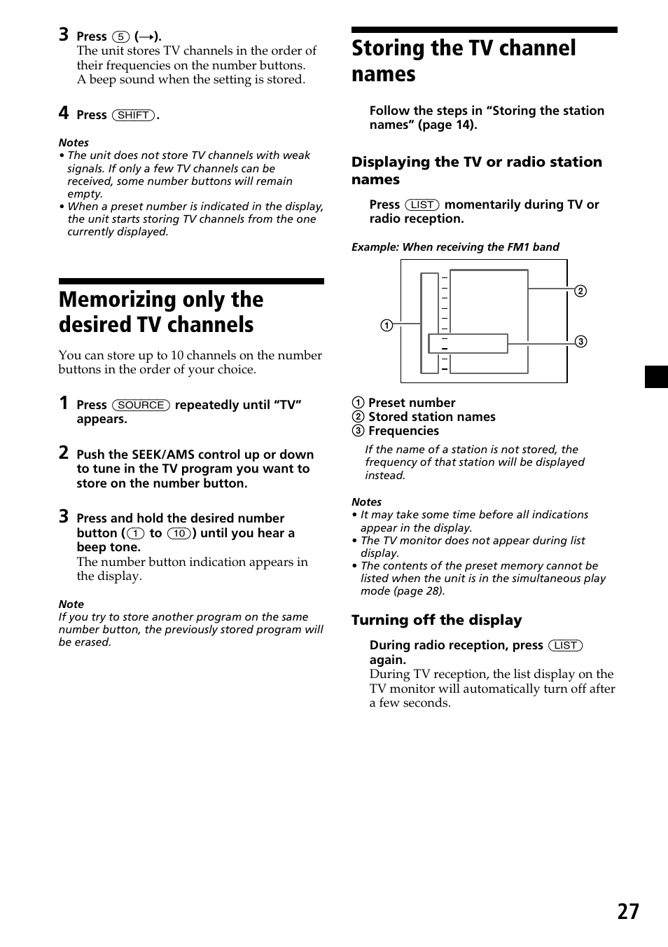 Memorizing only the desired tv channels, Storing the tv channel names | Sony CDX-C7850 User Manual | Page 27 / 36