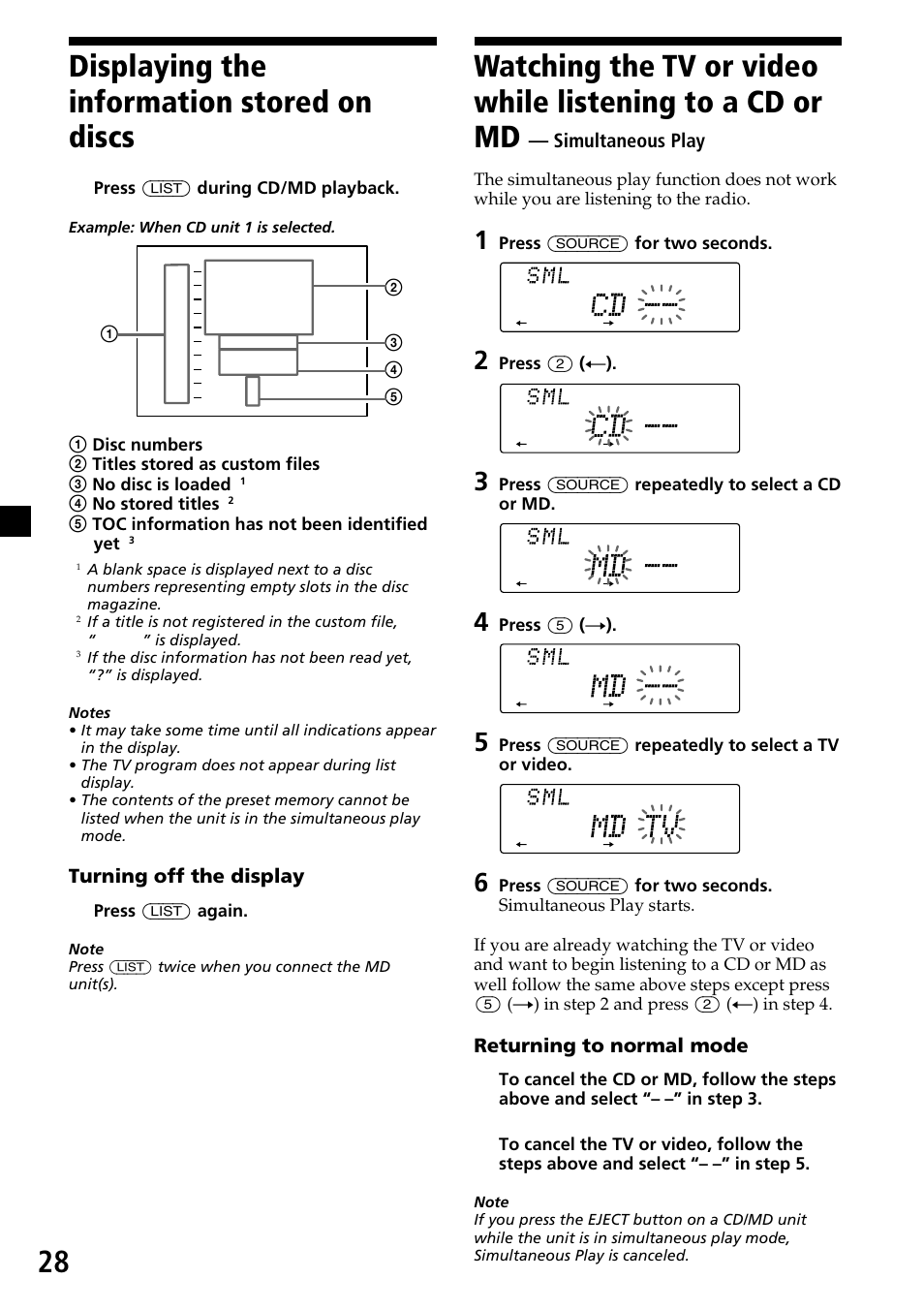 Displaying the information stored on discs, Cd or md — simultaneous play, 28 displaying the information stored on discs | Sony CDX-C7850 User Manual | Page 28 / 36