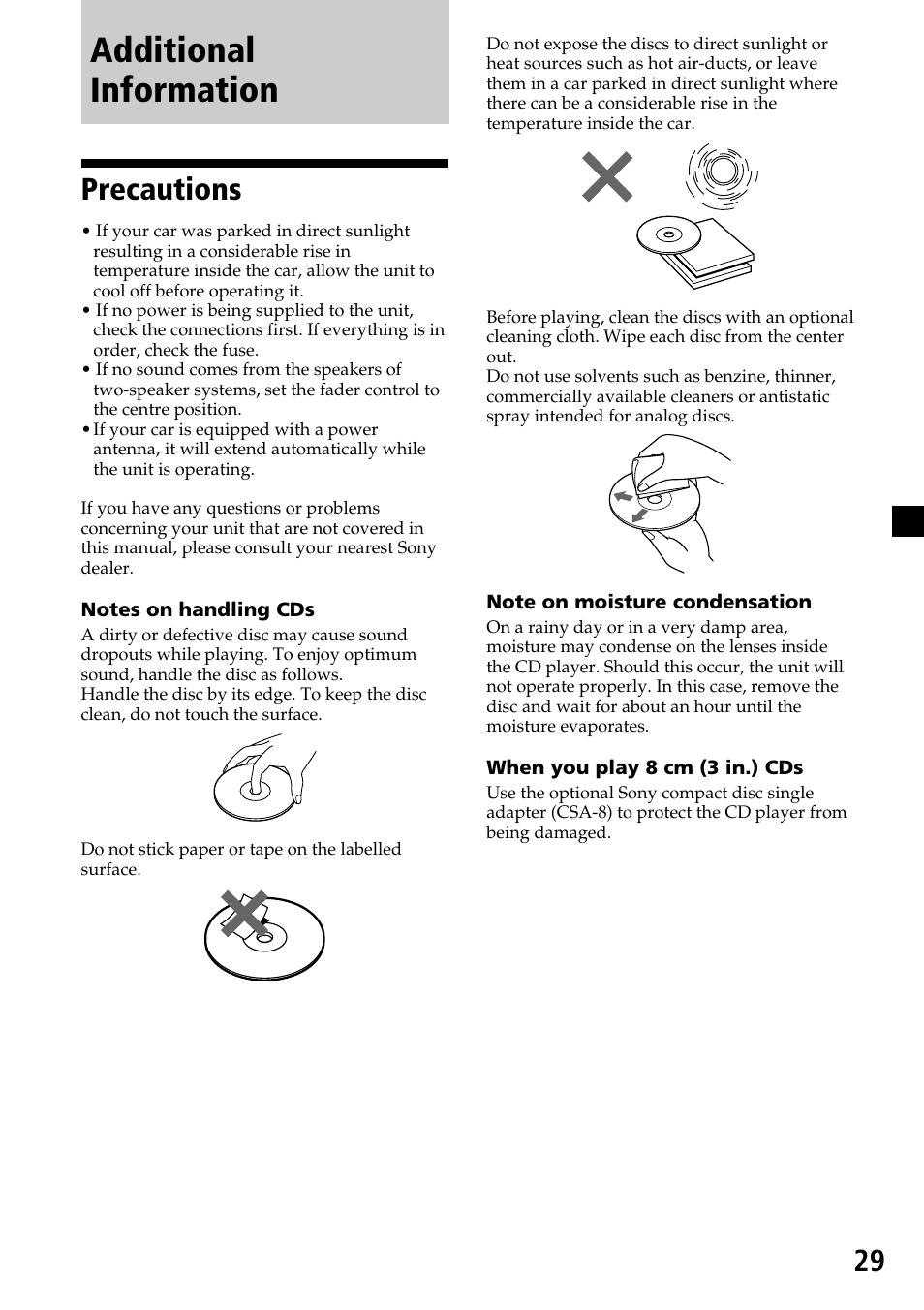 Additional information, Precautions | Sony CDX-C7850 User Manual | Page 29 / 36