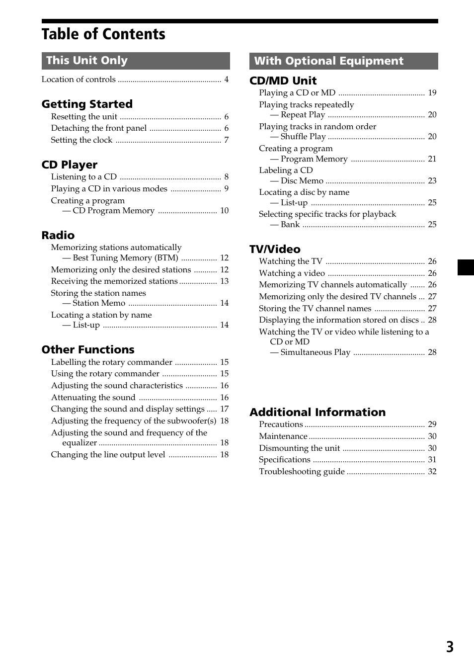 3table of contents | Sony CDX-C7850 User Manual | Page 3 / 36