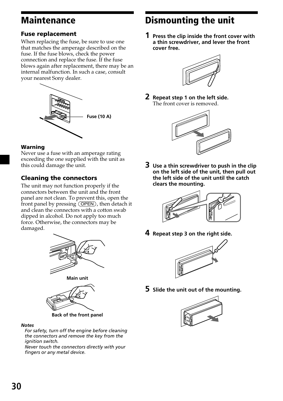 Maintenance, Dismounting the unit, Maintenance dismounting the unit | 30 maintenance | Sony CDX-C7850 User Manual | Page 30 / 36