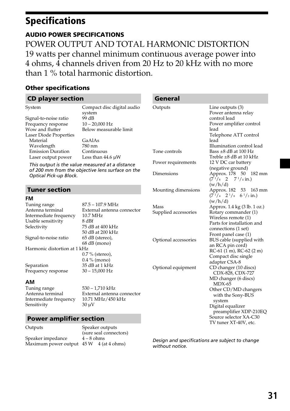 Specifications, 31 specifications, Audio power specifications | General | Sony CDX-C7850 User Manual | Page 31 / 36