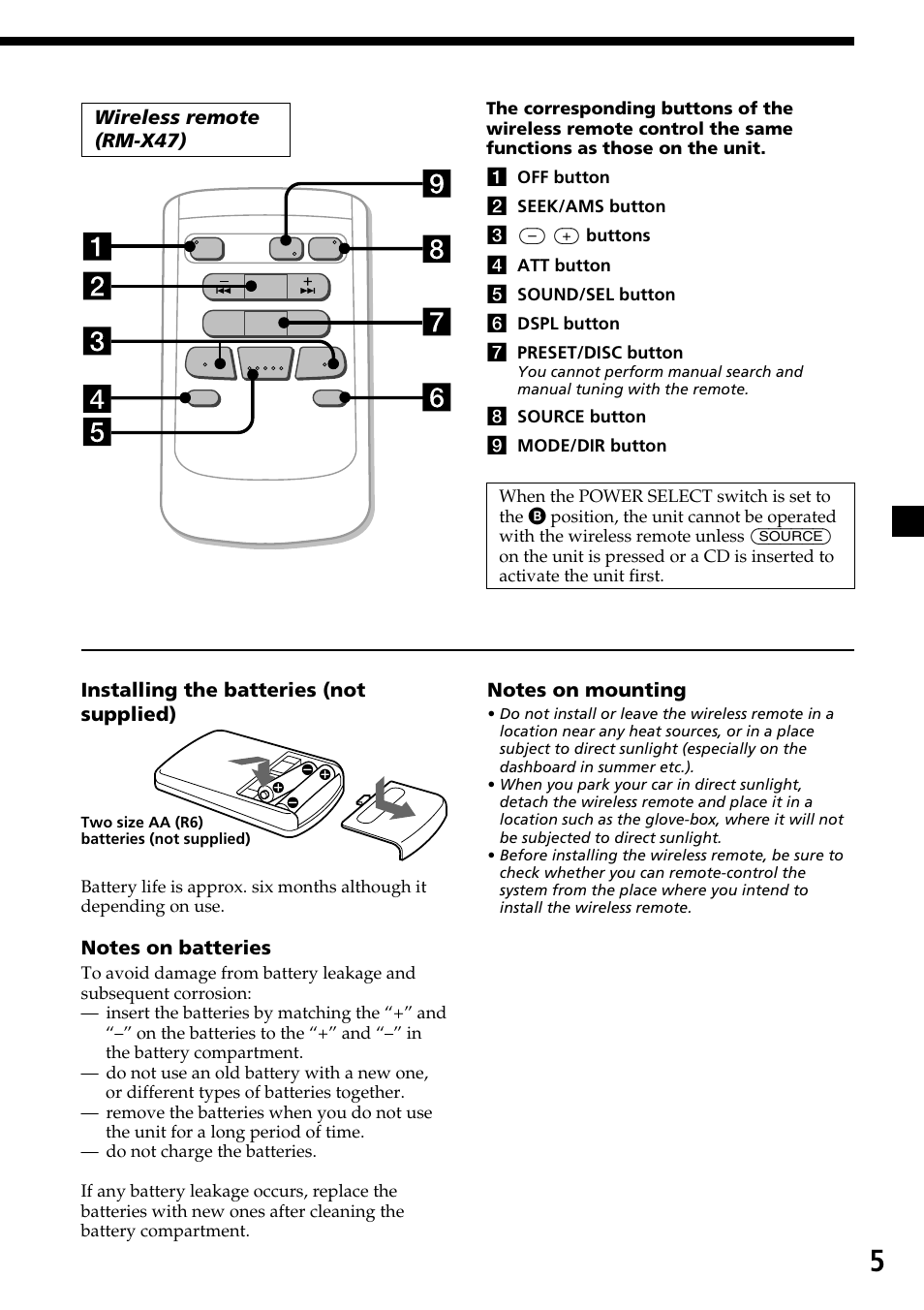 Wireless remote (rm-x47), Installing the batteries (not supplied) | Sony CDX-C7850 User Manual | Page 5 / 36