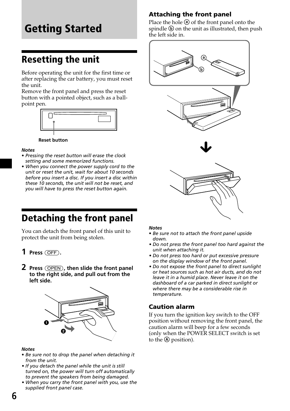 Getting started, Resetting the unit, Detaching the front panel | Resetting the unit detaching the front panel | Sony CDX-C7850 User Manual | Page 6 / 36