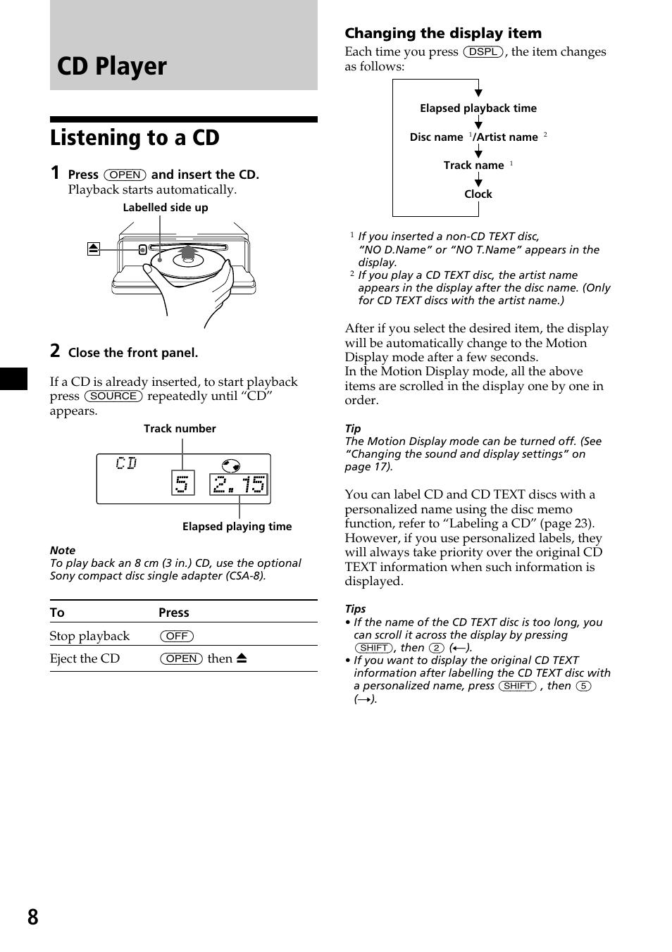 Cd player, Listening to a cd | Sony CDX-C7850 User Manual | Page 8 / 36