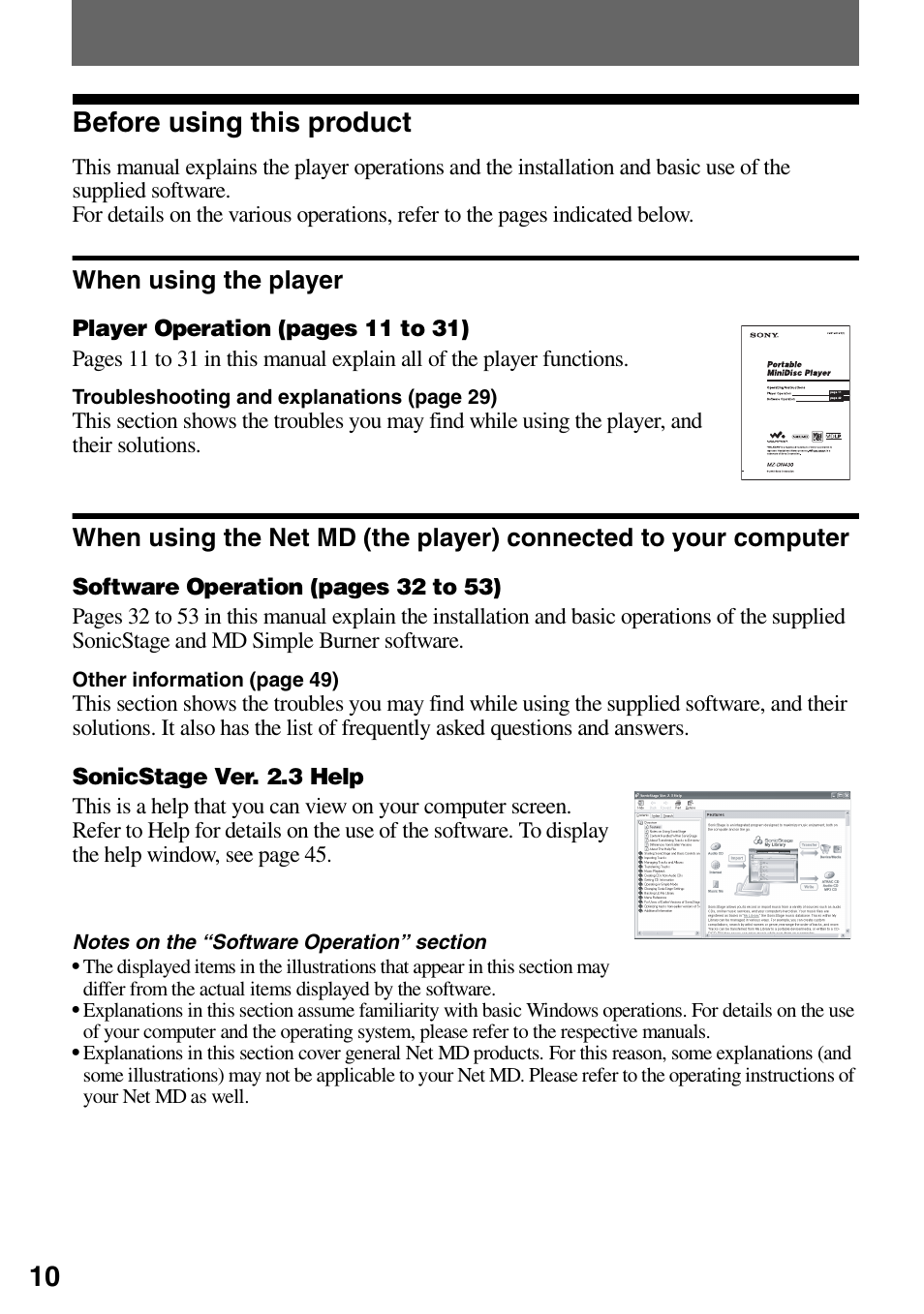 10 before using this product, When using the player, Troubleshooting and explanatio ns (page 29) | Other information (page 49) | Sony MZ-DN430 User Manual | Page 10 / 56