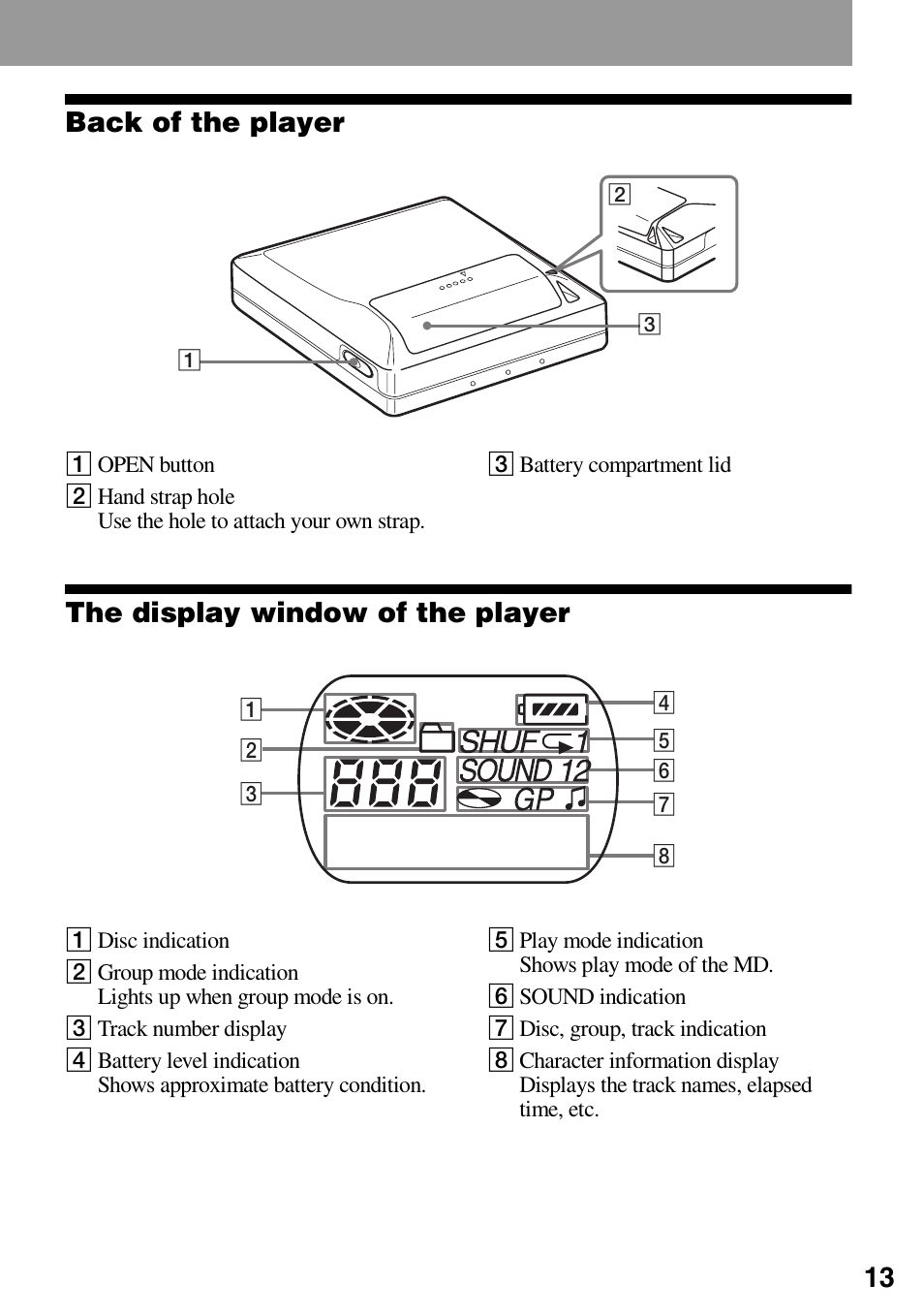 13 back of the player, The display window of the player | Sony MZ-DN430 User Manual | Page 13 / 56