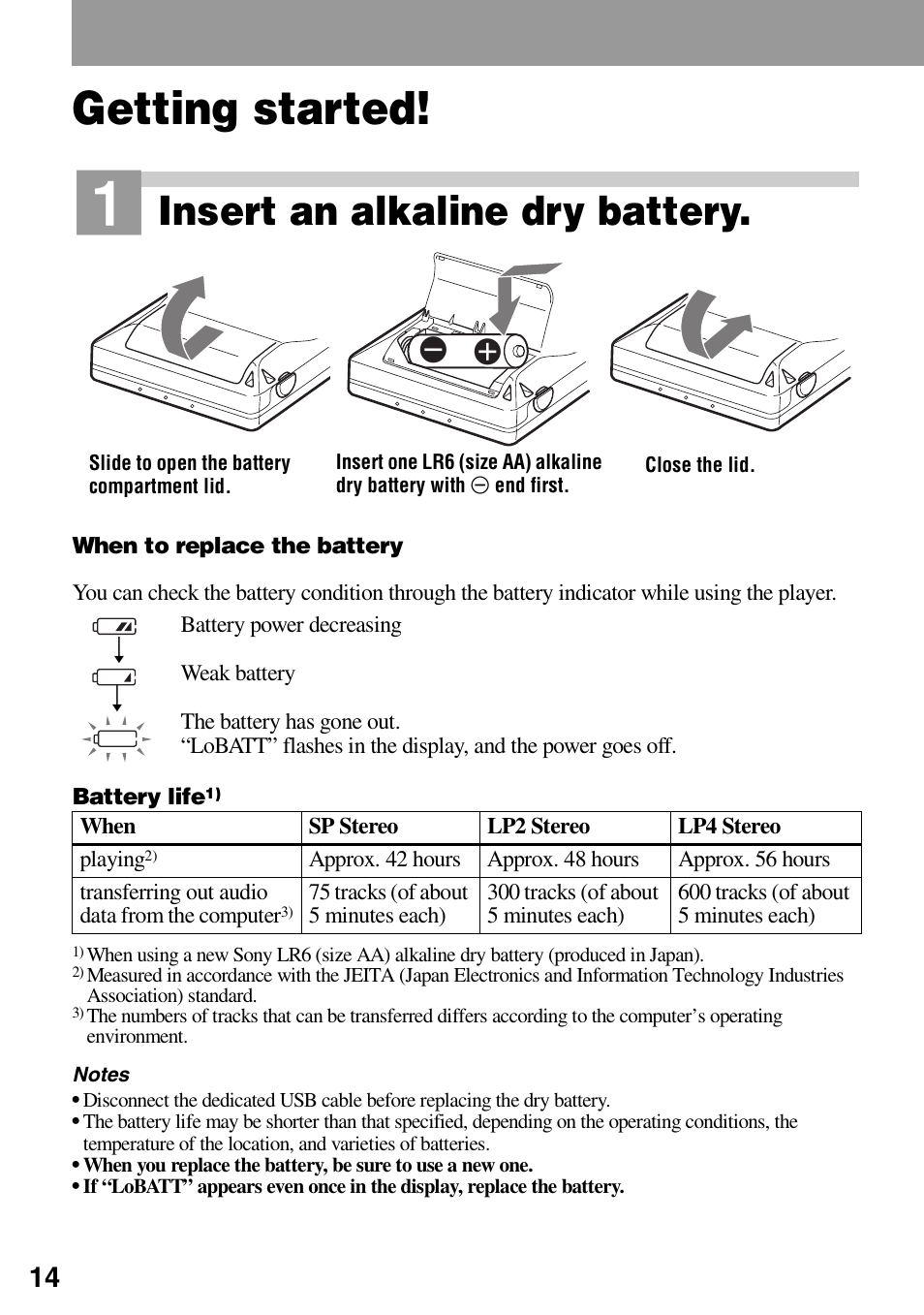 Getting started, Insert an alkaline dry battery | Sony MZ-DN430 User Manual | Page 14 / 56