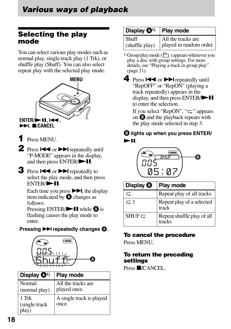 Various ways of playback, Selecting the play mode | Sony MZ-DN430 User Manual | Page 18 / 56