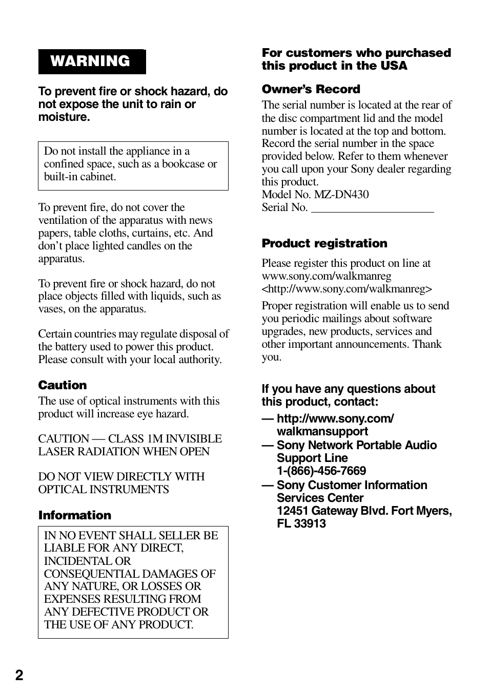 Warning | Sony MZ-DN430 User Manual | Page 2 / 56