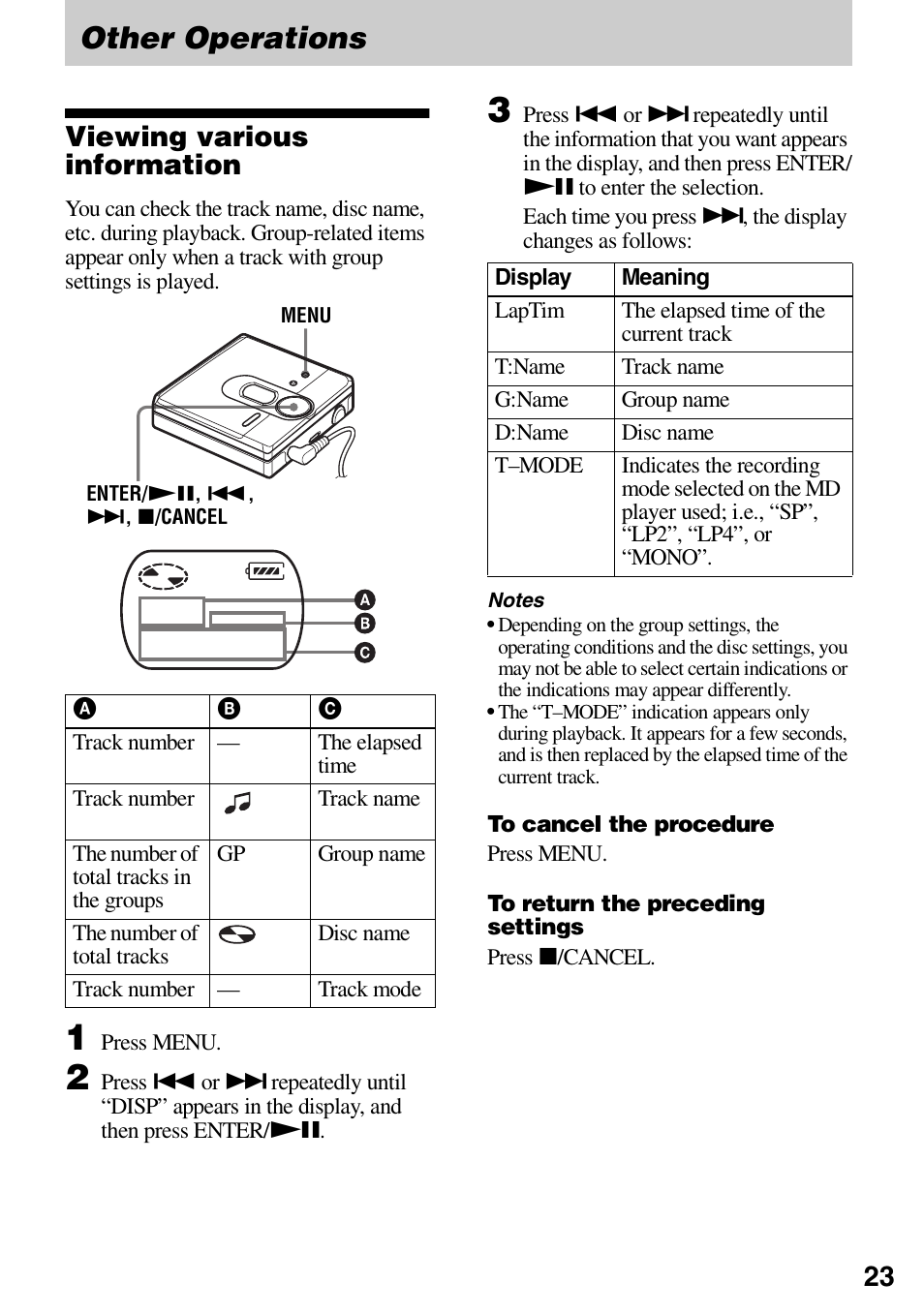 Other operations, Viewing various information | Sony MZ-DN430 User Manual | Page 23 / 56